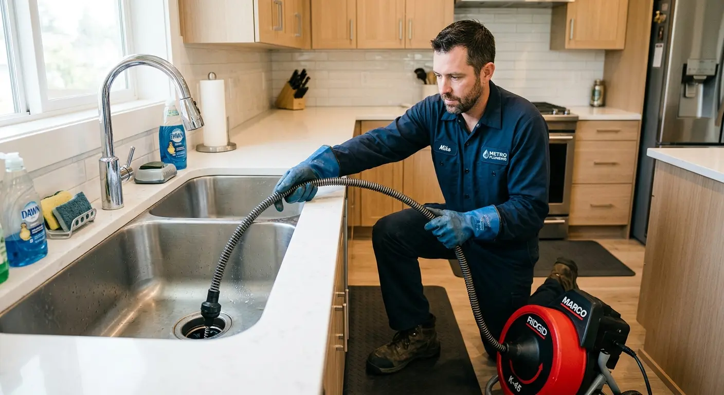 Drain cleaning technician using a motorized snake on a kitchen sink in Hamden
