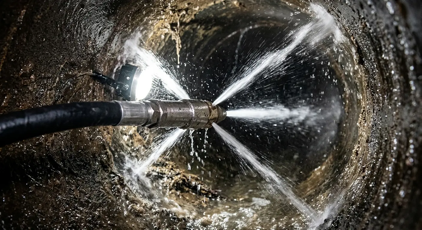 High-pressure hydro jetting nozzle cleaning sewer pipe for Storm Drain Cleaning in Hamden