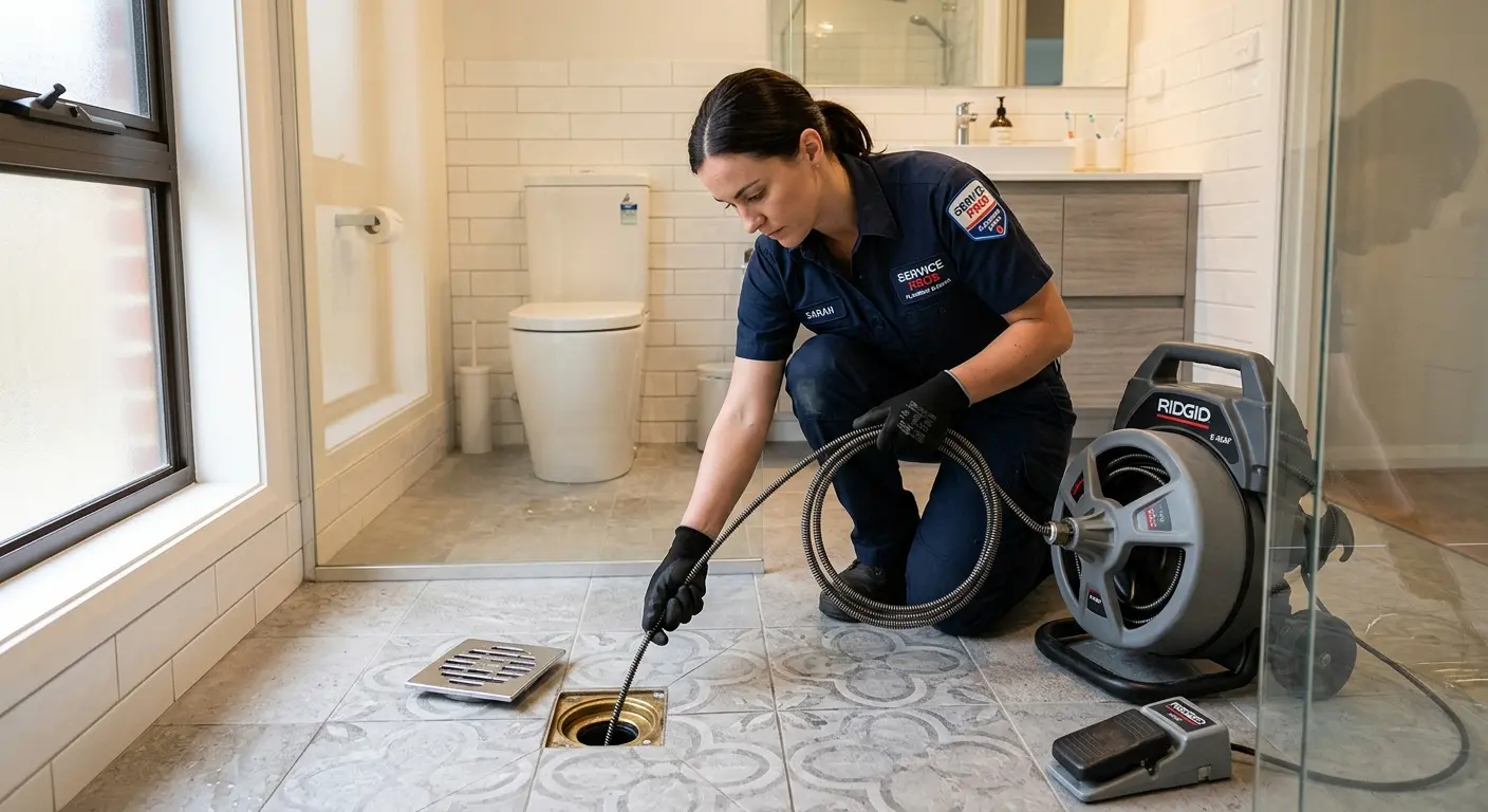 Technician clearing a bathroom floor drain for Sewer Line Installation in Hamden